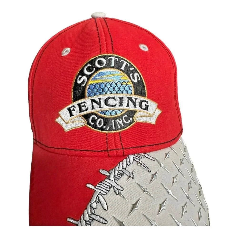 Scott's Fencing Co Diamond Plated Baseball Cap Red Adjustable Strap Triple Crown